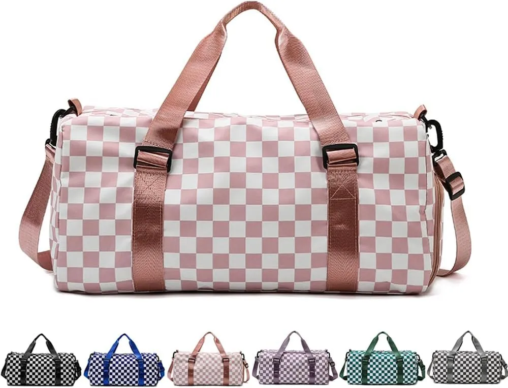 Checkered Gym Bag with Shoes Compartment & Wet Pocket, Sports Duffel Bags for Women/Men, Travel Overnight Bag Weekend Bag, Dance Bag for Girls, pink, Sports Bags