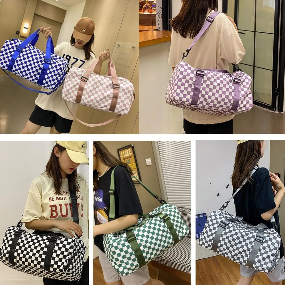 Checkered Gym Bag with Shoes Compartment & Wet Pocket, Sports Duffel Bags for Women/Men, Travel Overnight Bag Weekend Bag, Dance Bag for Girls, pink, Sports Bags