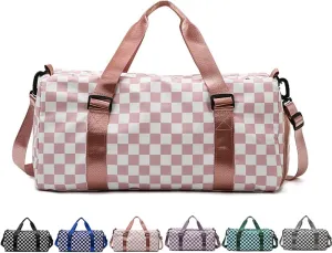 Checkered Gym Bag with Shoes Compartment & Wet Pocket, Sports Duffel Bags for Women/Men, Travel Overnight Bag Weekend Bag, Dance Bag for Girls, pink, Sports Bags