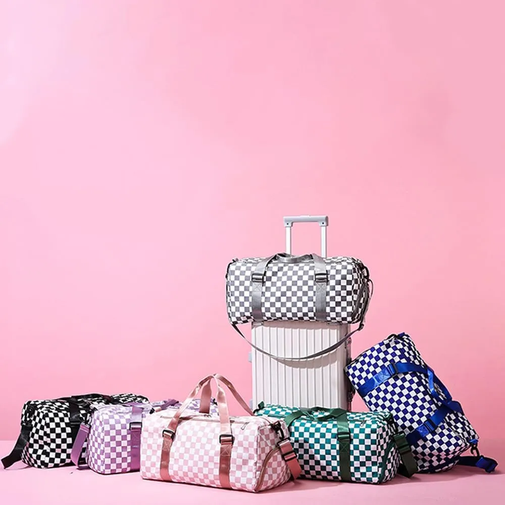 Checkered Sports Duffel Bags for Women/Men, Gym Bag with Shoes Compartment & Wet Pocket, Dance Bag for Girls,Traveling Overnight Bag Weekender Bag, Black, Duffel Bags
