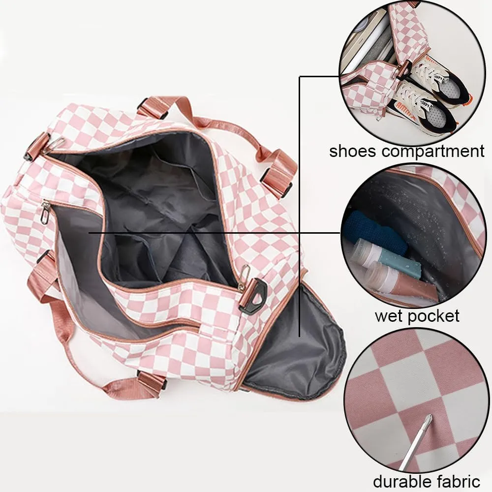 Checkered Sports Duffel Bags for Women/Men, Gym Bag with Shoes Compartment & Wet Pocket, Dance Bag for Girls,Traveling Overnight Bag Weekender Bag, Black, Duffel Bags