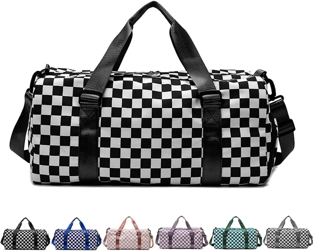 Checkered Sports Duffel Bags for Women/Men, Gym Bag with Shoes Compartment & Wet Pocket, Dance Bag for Girls,Traveling Overnight Bag Weekender Bag, Black, Duffel Bags