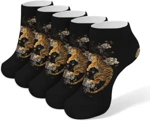 Chinese Tiger Flowers 5 Pairs Low Cut Ankle Socks for Men Women Athletic Running Socks No Show Breathable