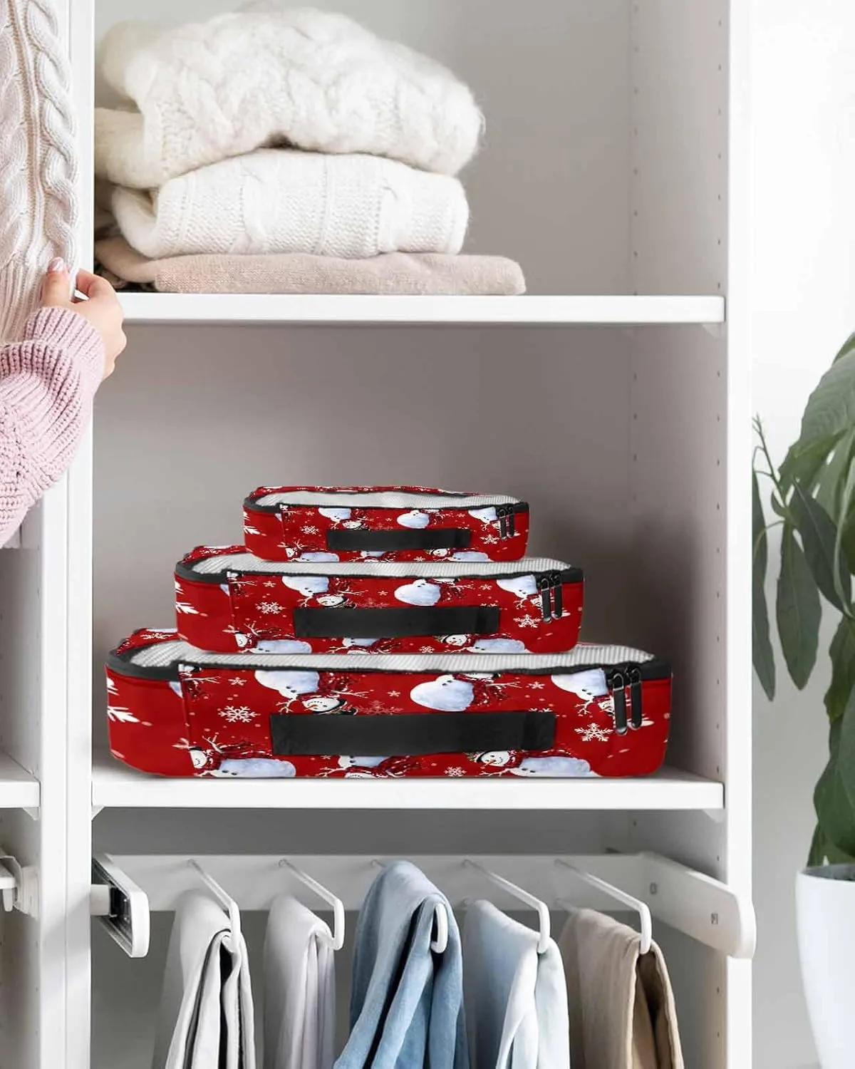 Christmas Snowman Buffalo Checked Scarf 4 Set Packing Cubes, Winter Snowflake Red Packing Cubes for Carry on Suitcase Travel Essential Bag for Clothes Shoes Cosmetics Toiletry