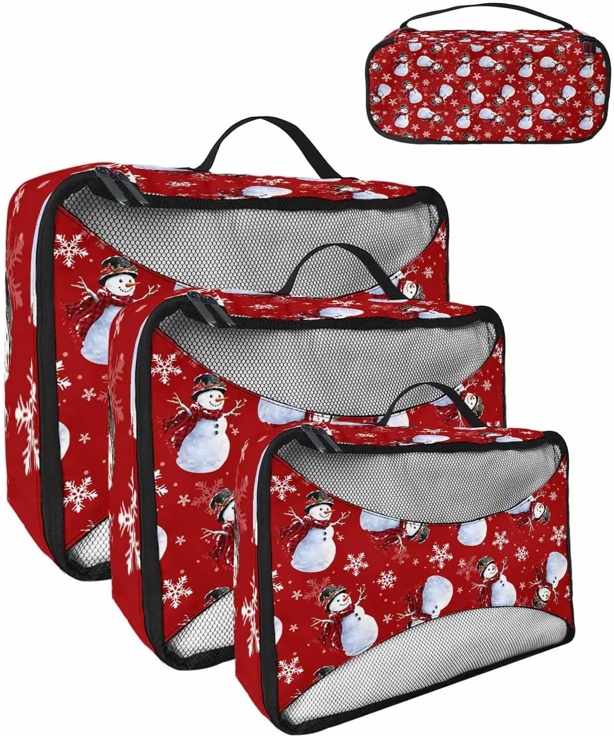 Christmas Snowman Buffalo Checked Scarf 4 Set Packing Cubes, Winter Snowflake Red Packing Cubes for Carry on Suitcase Travel Essential Bag for Clothes Shoes Cosmetics Toiletry