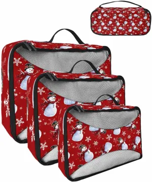 Christmas Snowman Buffalo Checked Scarf 4 Set Packing Cubes, Winter Snowflake Red Packing Cubes for Carry on Suitcase Travel Essential Bag for Clothes Shoes Cosmetics Toiletry