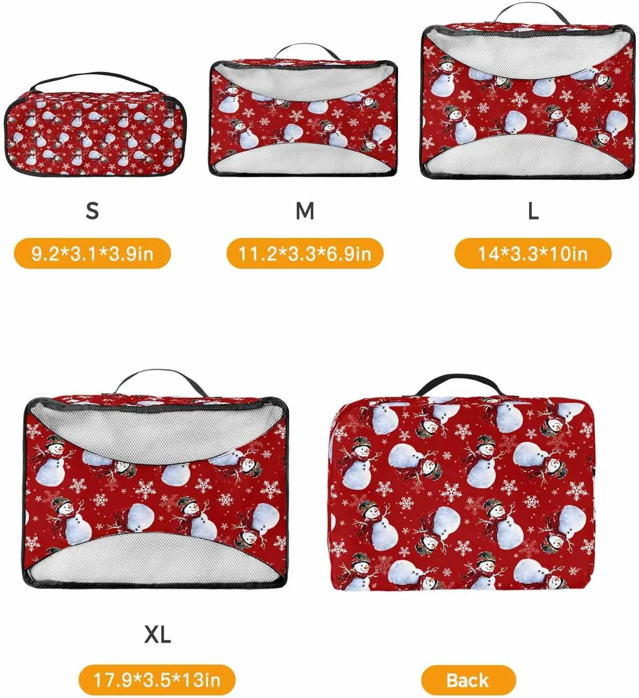 Christmas Snowman Buffalo Checked Scarf 4 Set Packing Cubes, Winter Snowflake Red Packing Cubes for Carry on Suitcase Travel Essential Bag for Clothes Shoes Cosmetics Toiletry