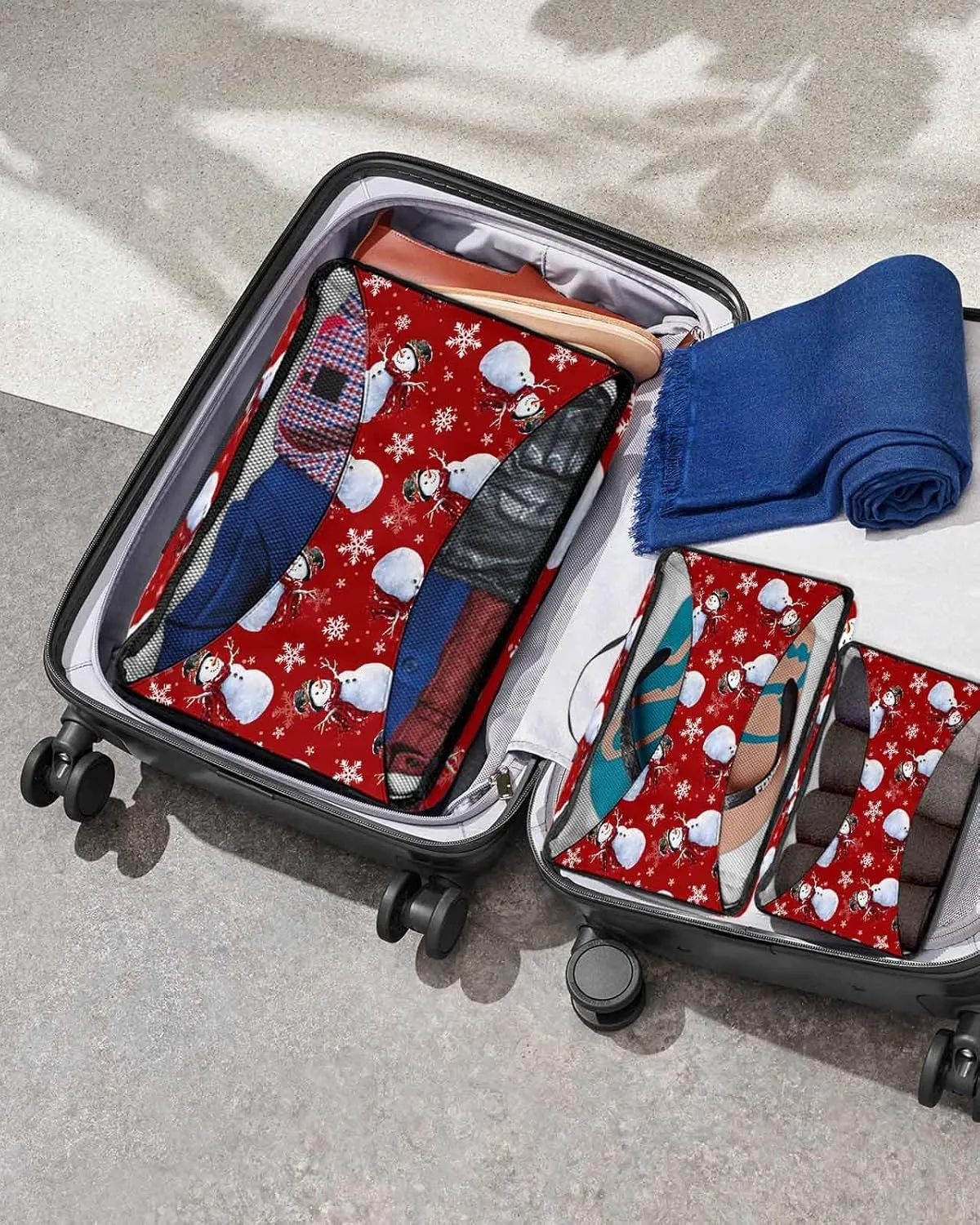 Christmas Snowman Buffalo Checked Scarf 4 Set Packing Cubes, Winter Snowflake Red Packing Cubes for Carry on Suitcase Travel Essential Bag for Clothes Shoes Cosmetics Toiletry
