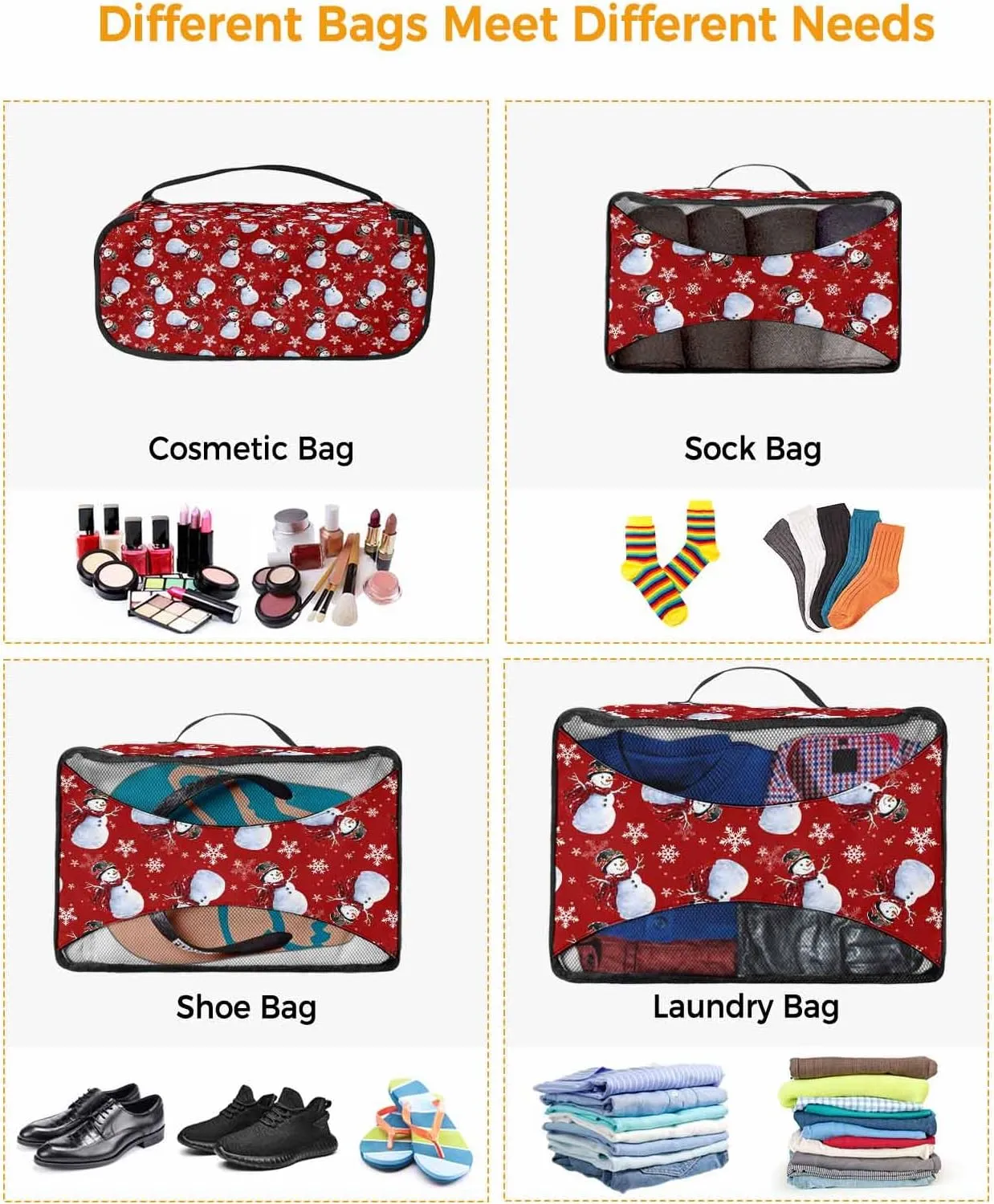Christmas Snowman Buffalo Checked Scarf 4 Set Packing Cubes, Winter Snowflake Red Packing Cubes for Carry on Suitcase Travel Essential Bag for Clothes Shoes Cosmetics Toiletry