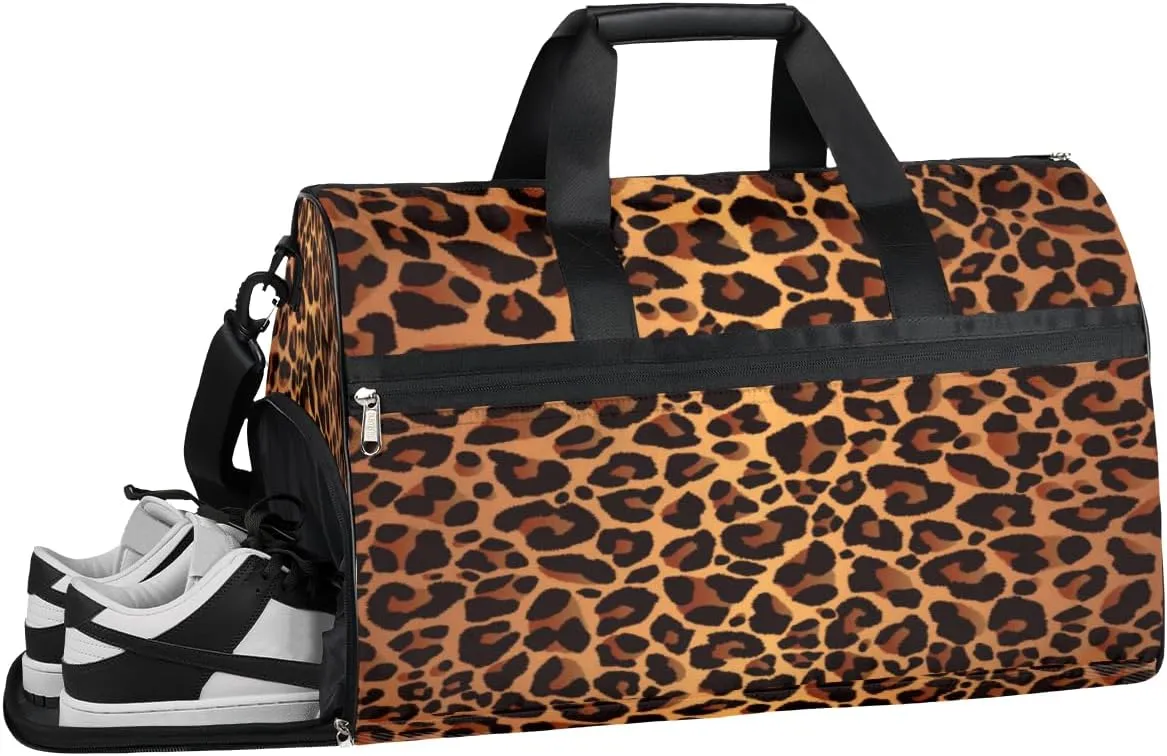 Classic Leopard Sports Gym Bag with Wet Pocket & Shoes Compartment Waterproof Workout Duffel Bag for Women and Men Weekender Overnight Duffle Bag Travel Carry-on Tote