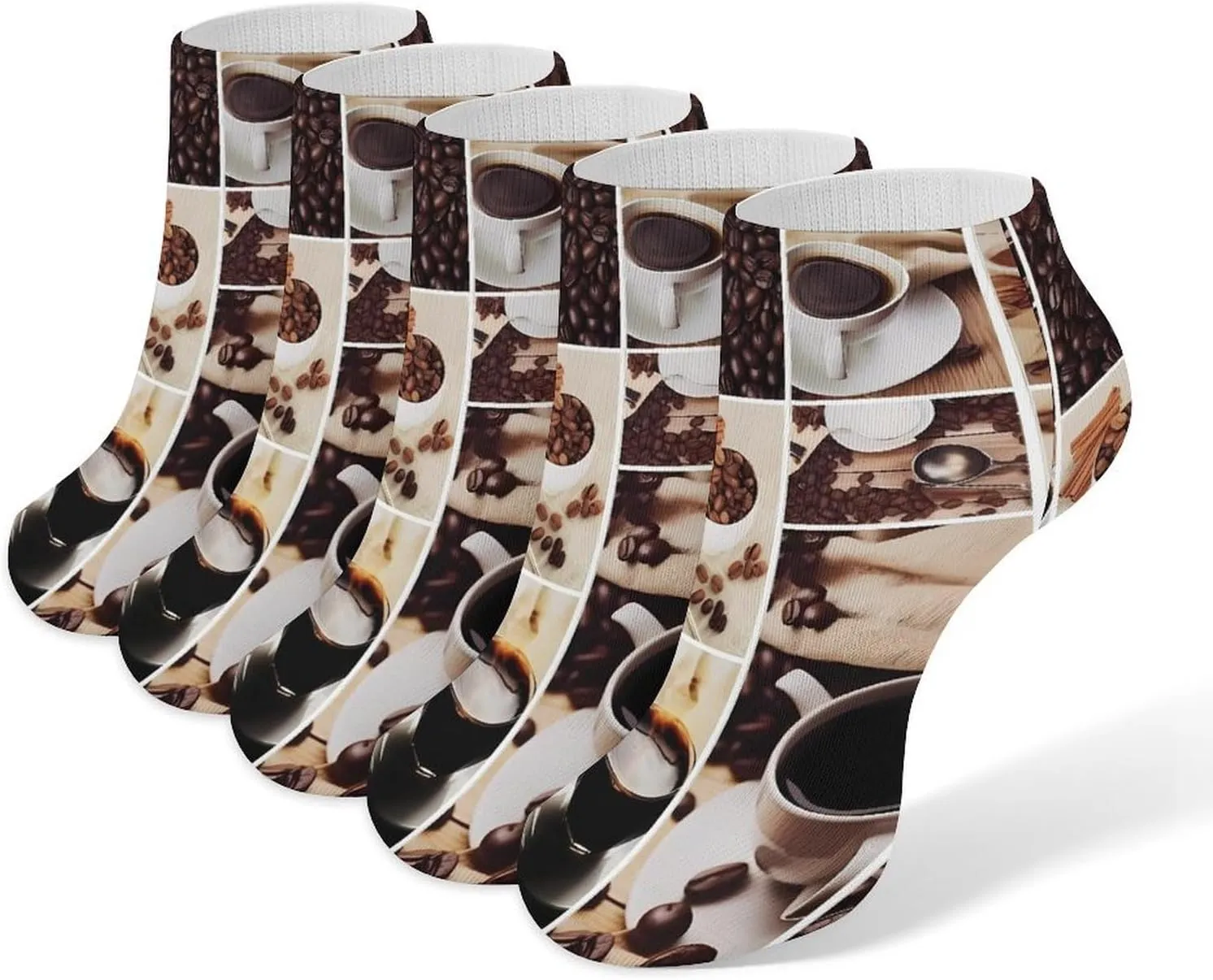 Collage of Coffee and Products Beans 5 Pairs Low Cut Ankle Socks for Men Women Athletic Running Socks No Show Breathable