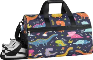 Colorful Dinosaur Pattern Sports Gym Bag with Wet Pocket & Shoes Compartment Waterproof Workout Duffel Bag for Women and Men Weekender Overnight Duffle Bag Travel Carry-on Tote