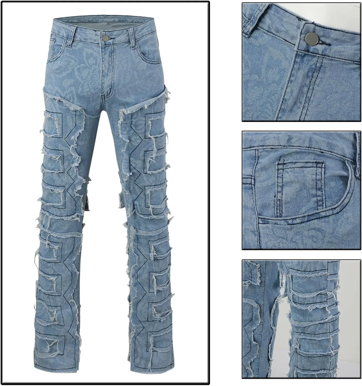 Creative Tassels Decoration Straight Fit Jeans Men Casual Medium Stretch Street Style Denim Pants for All for Men