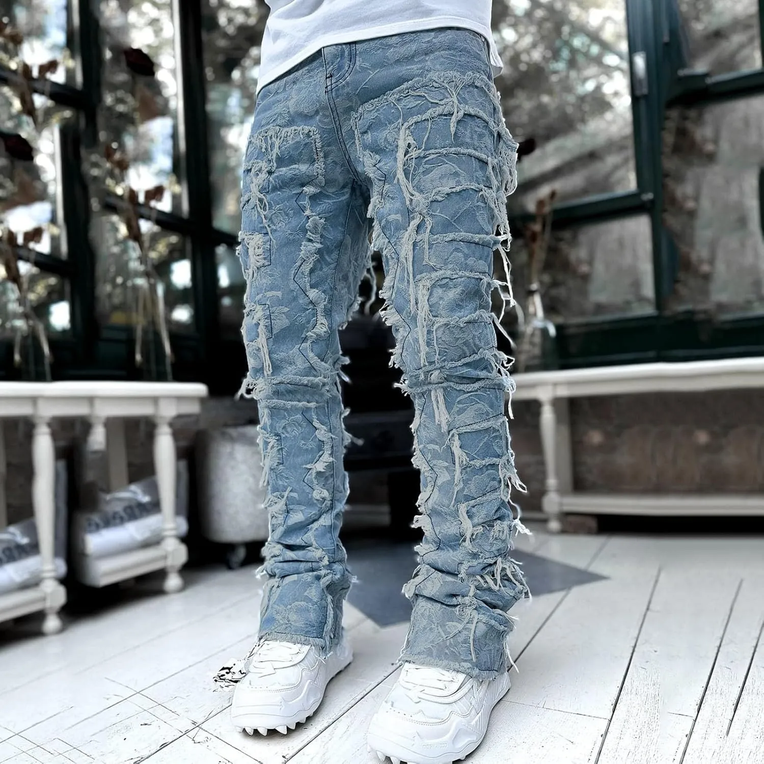 Creative Tassels Decoration Straight Fit Jeans Men Casual Medium Stretch Street Style Denim Pants for All for Men