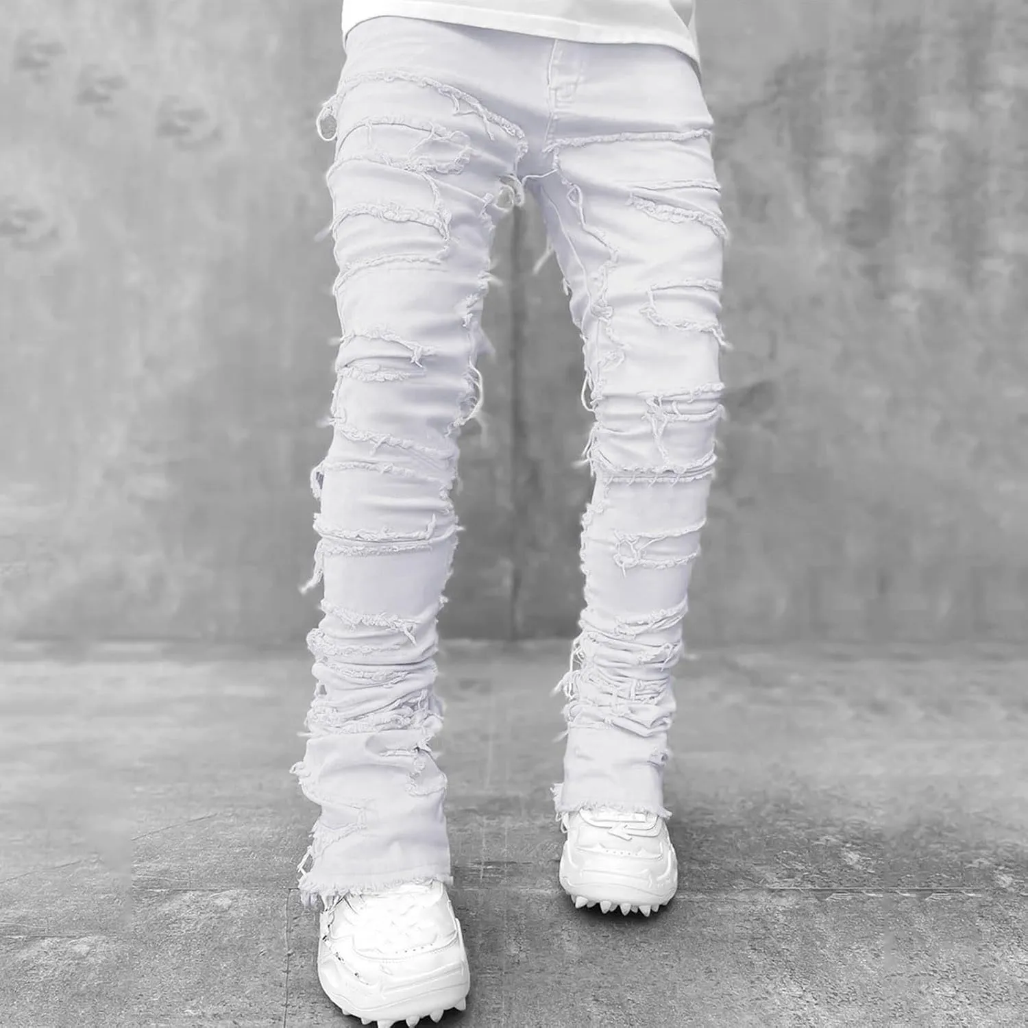 Creative Tassels Decoration Straight Fit Jeans Men Casual Medium Stretch Street Style Denim Pants for All for Men