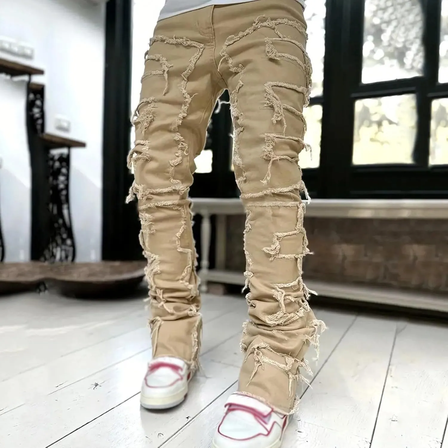 Creative Tassels Decoration Straight Fit Jeans Men Casual Medium Stretch Street Style Denim Pants for Girl Jelly