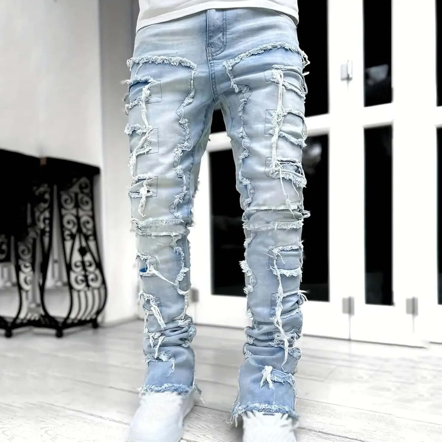 Creative Tassels Decoration Straight Fit Jeans Men Casual Medium Stretch Street Style Denim Pants for Girl Jelly