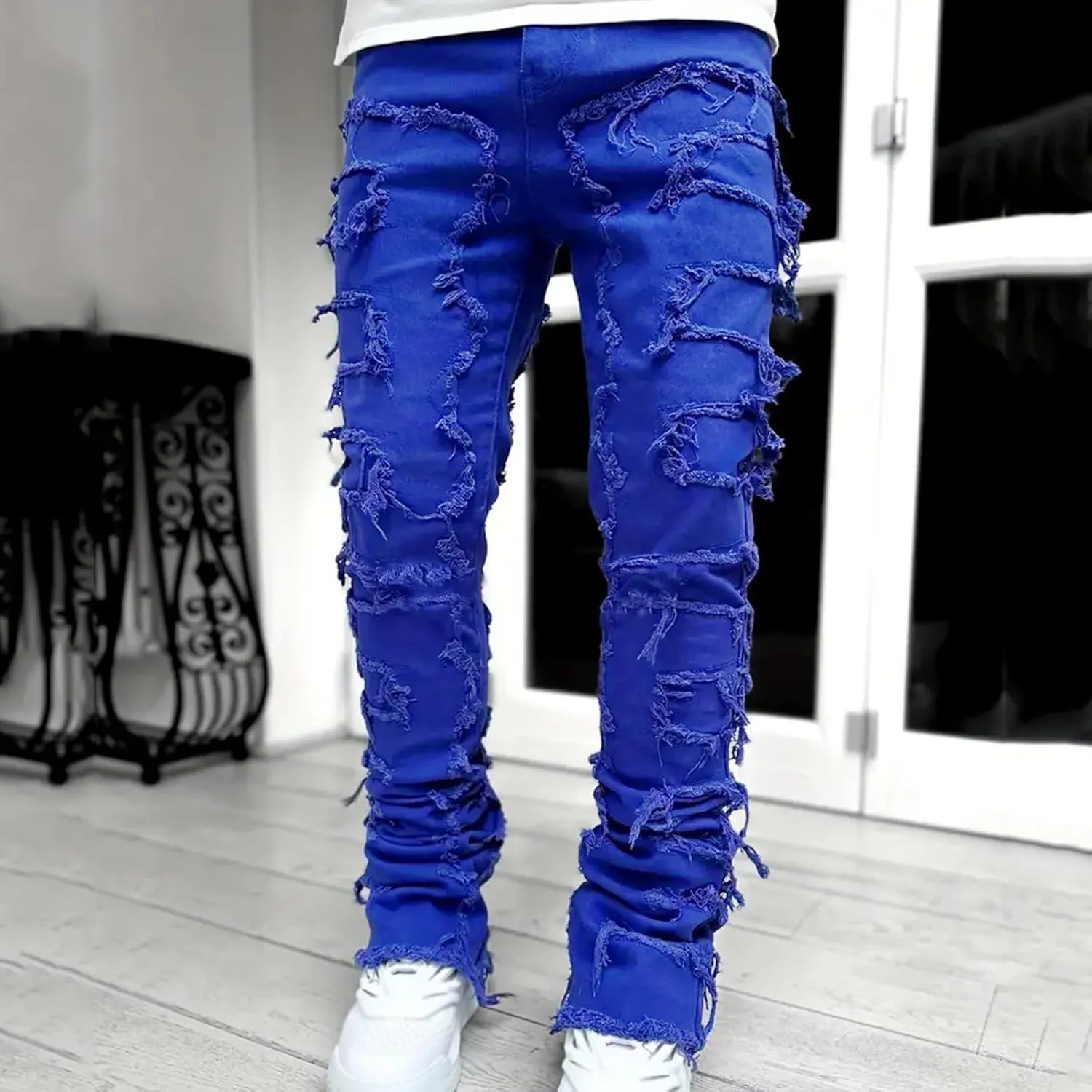 Creative Tassels Decoration Straight Fit Jeans Men Casual Medium Stretch Street Style Denim Pants for Girl Jelly