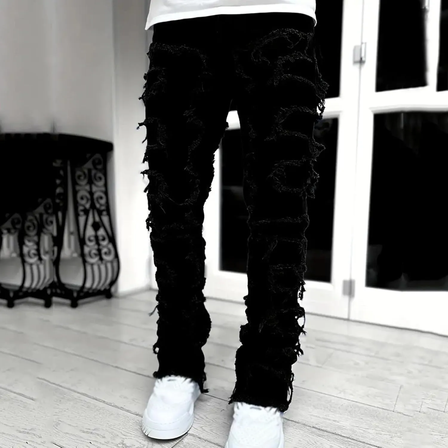 Creative Tassels Decoration Straight Fit Jeans Men Casual Medium Stretch Street Style Denim Pants for Girl Jelly