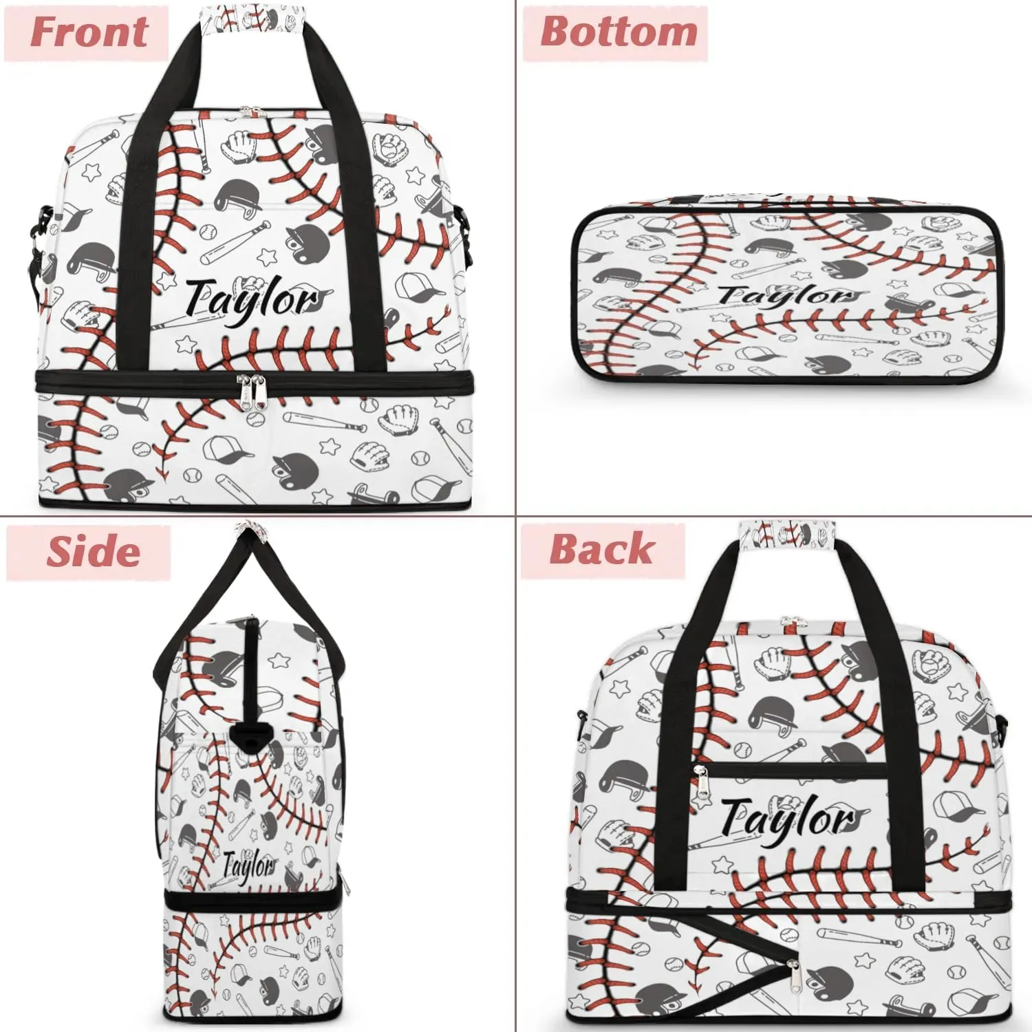 Customized Gym Bag for Women, Personalized Baseball Pattern Travel Duffel Bag with Name, Sport Ball Weekender Overnight Bag with Shoes Compartment for Men Travel Yoga
