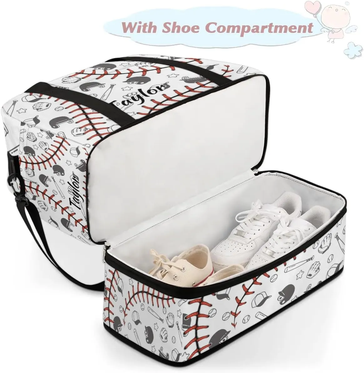 Customized Gym Bag for Women, Personalized Baseball Pattern Travel Duffel Bag with Name, Sport Ball Weekender Overnight Bag with Shoes Compartment for Men Travel Yoga