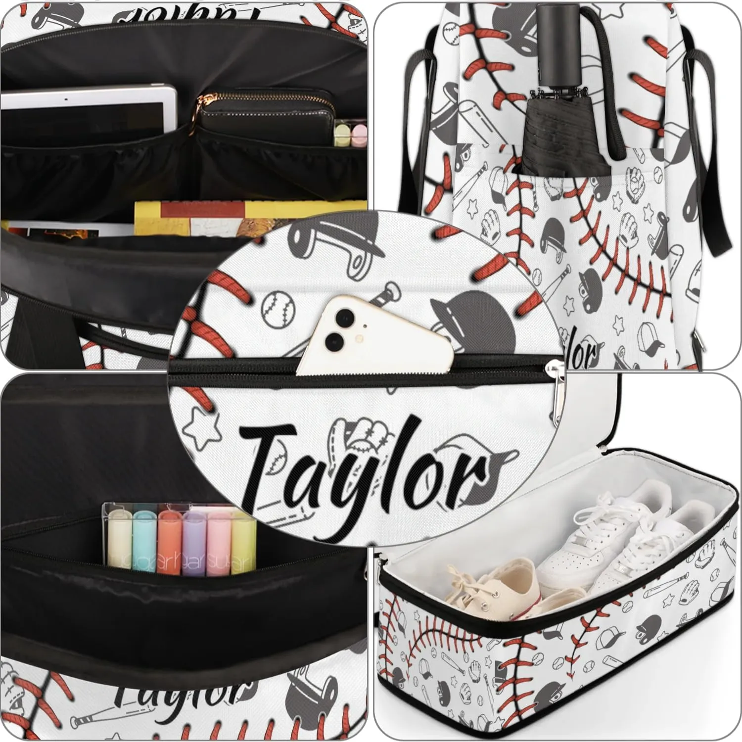 Customized Gym Bag for Women, Personalized Baseball Pattern Travel Duffel Bag with Name, Sport Ball Weekender Overnight Bag with Shoes Compartment for Men Travel Yoga