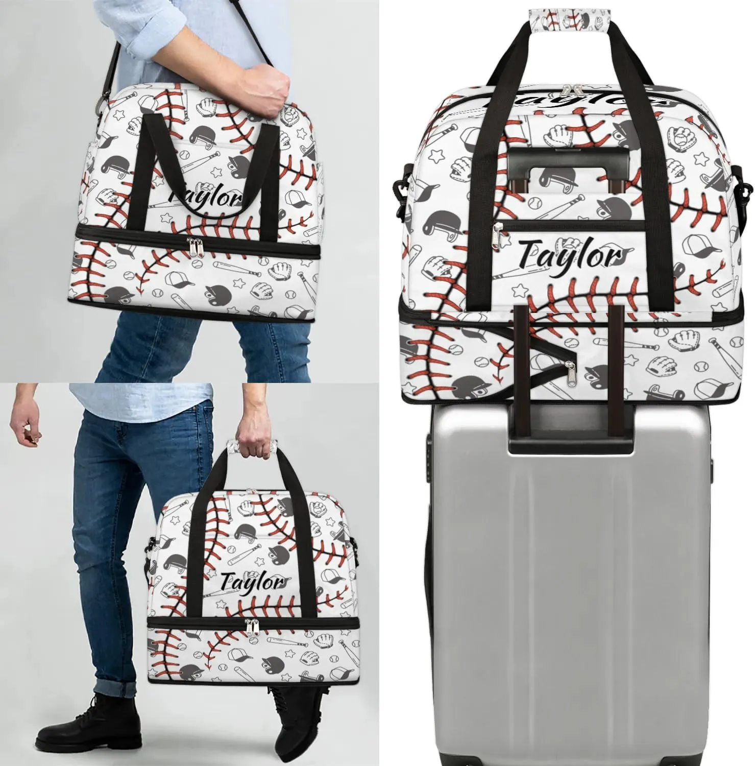 Customized Gym Bag for Women, Personalized Baseball Pattern Travel Duffel Bag with Name, Sport Ball Weekender Overnight Bag with Shoes Compartment for Men Travel Yoga