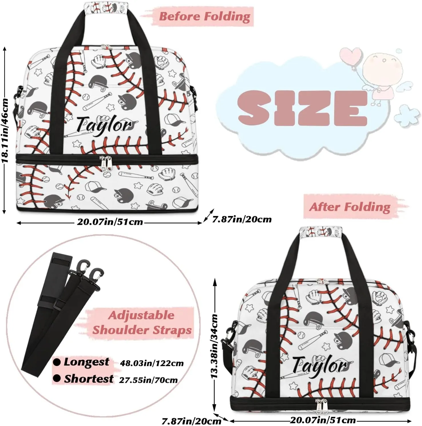 Customized Gym Bag for Women, Personalized Baseball Pattern Travel Duffel Bag with Name, Sport Ball Weekender Overnight Bag with Shoes Compartment for Men Travel Yoga