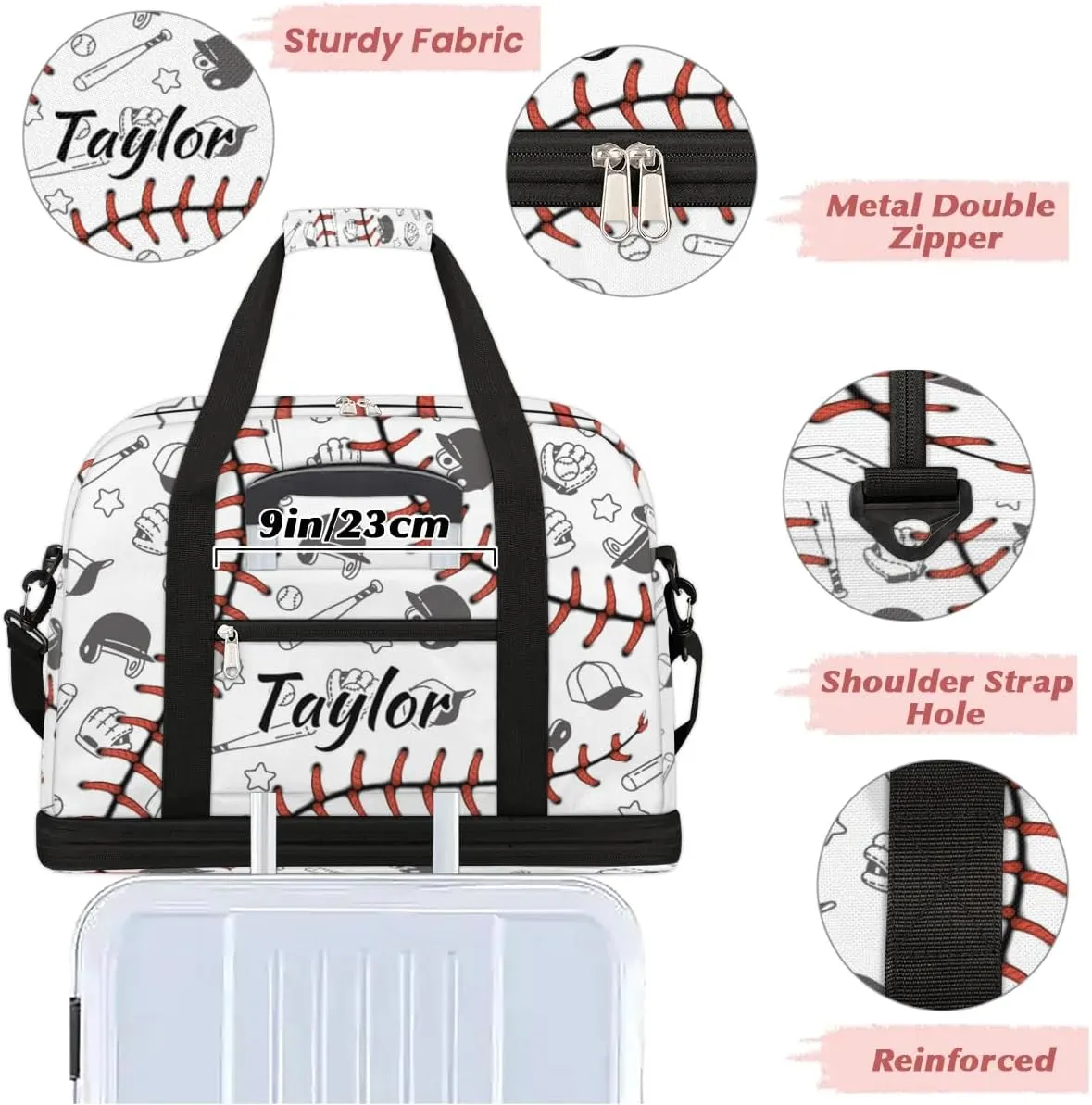 Customized Gym Bag for Women, Personalized Baseball Pattern Travel Duffel Bag with Name, Sport Ball Weekender Overnight Bag with Shoes Compartment for Men Travel Yoga