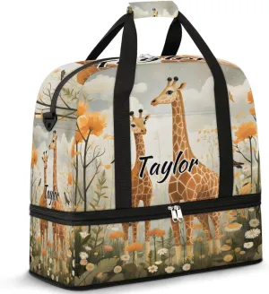 Customized Gym Bag for Women, Personalized Cute Animal Travel Duffel Bag with Name, Wild Giraffe Weekender Overnight Bag with Shoes Compartment for Men Travel Yoga