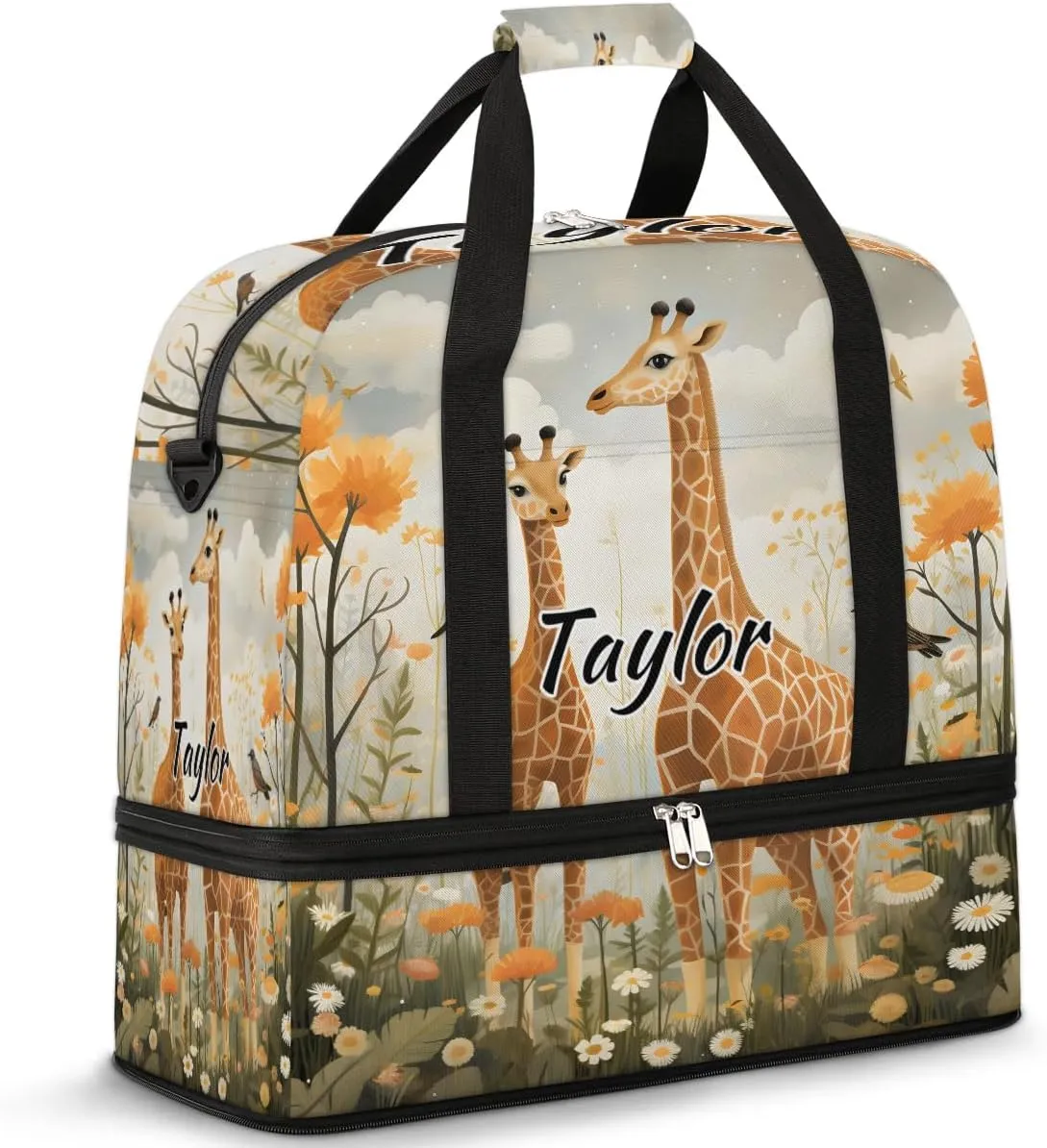 Customized Gym Bag for Women, Personalized Cute Animal Travel Duffel Bag with Name, Wild Giraffe Weekender Overnight Bag with Shoes Compartment for Men Travel Yoga