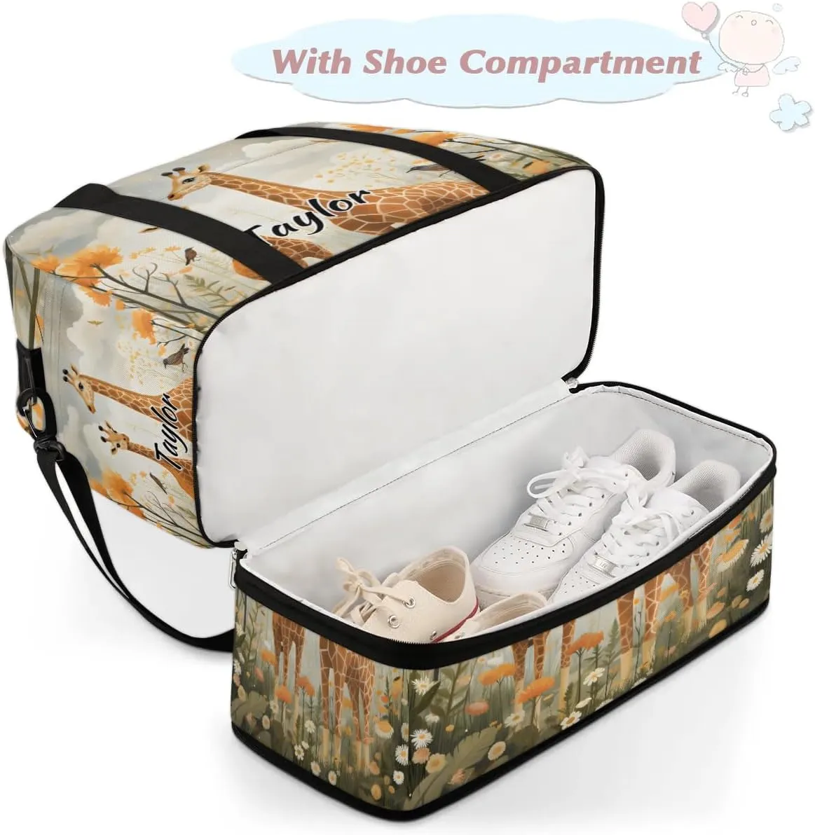 Customized Gym Bag for Women, Personalized Cute Animal Travel Duffel Bag with Name, Wild Giraffe Weekender Overnight Bag with Shoes Compartment for Men Travel Yoga