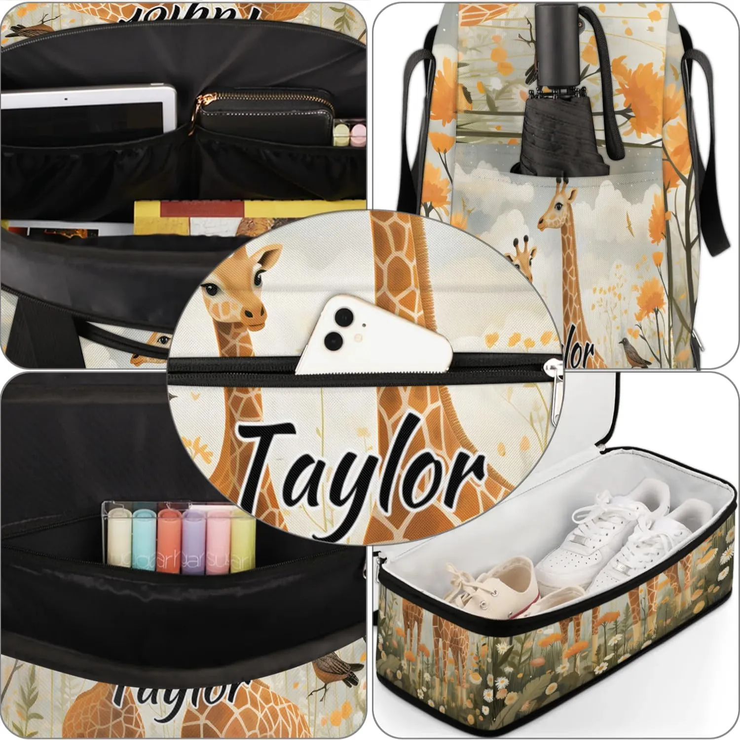 Customized Gym Bag for Women, Personalized Cute Animal Travel Duffel Bag with Name, Wild Giraffe Weekender Overnight Bag with Shoes Compartment for Men Travel Yoga