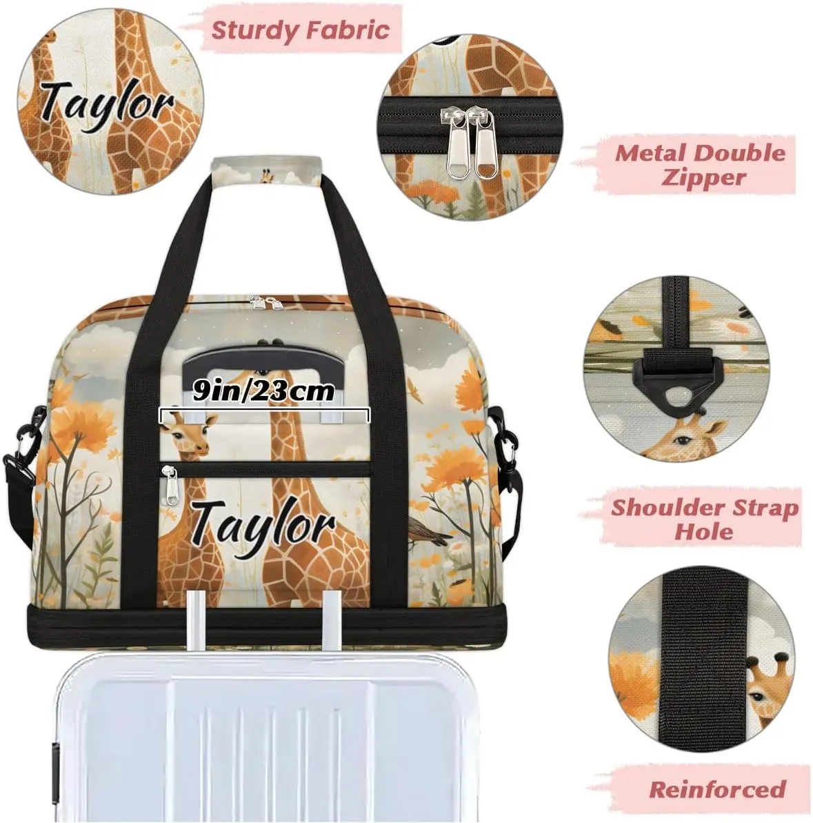 Customized Gym Bag for Women, Personalized Cute Animal Travel Duffel Bag with Name, Wild Giraffe Weekender Overnight Bag with Shoes Compartment for Men Travel Yoga
