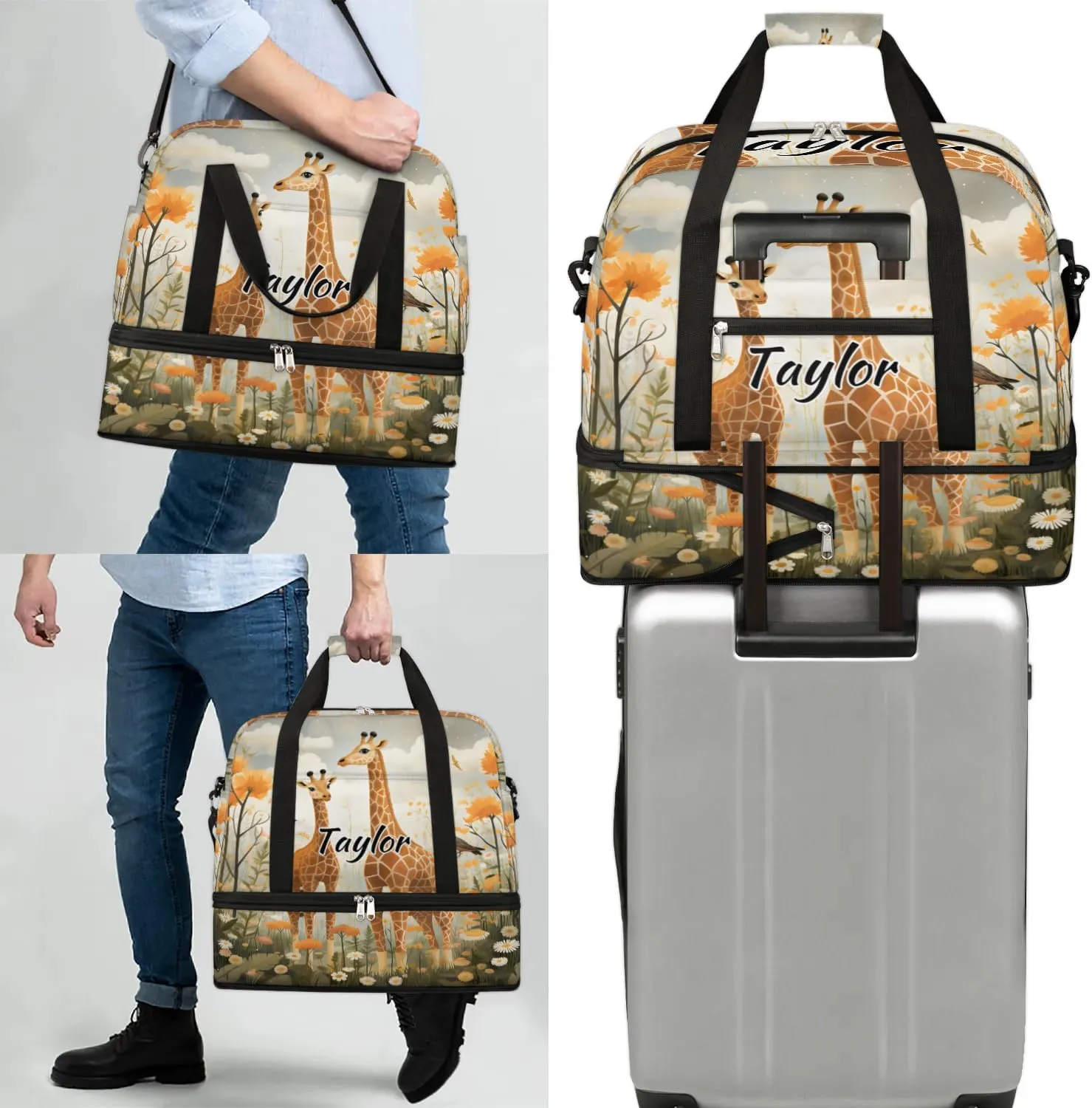 Customized Gym Bag for Women, Personalized Cute Animal Travel Duffel Bag with Name, Wild Giraffe Weekender Overnight Bag with Shoes Compartment for Men Travel Yoga