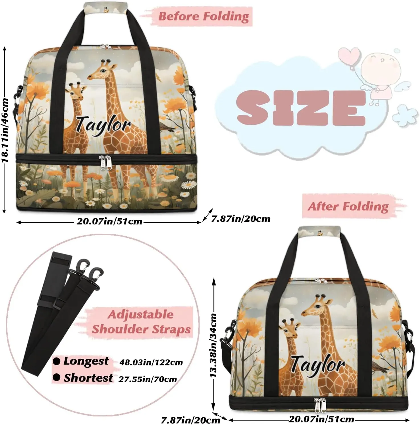 Customized Gym Bag for Women, Personalized Cute Animal Travel Duffel Bag with Name, Wild Giraffe Weekender Overnight Bag with Shoes Compartment for Men Travel Yoga