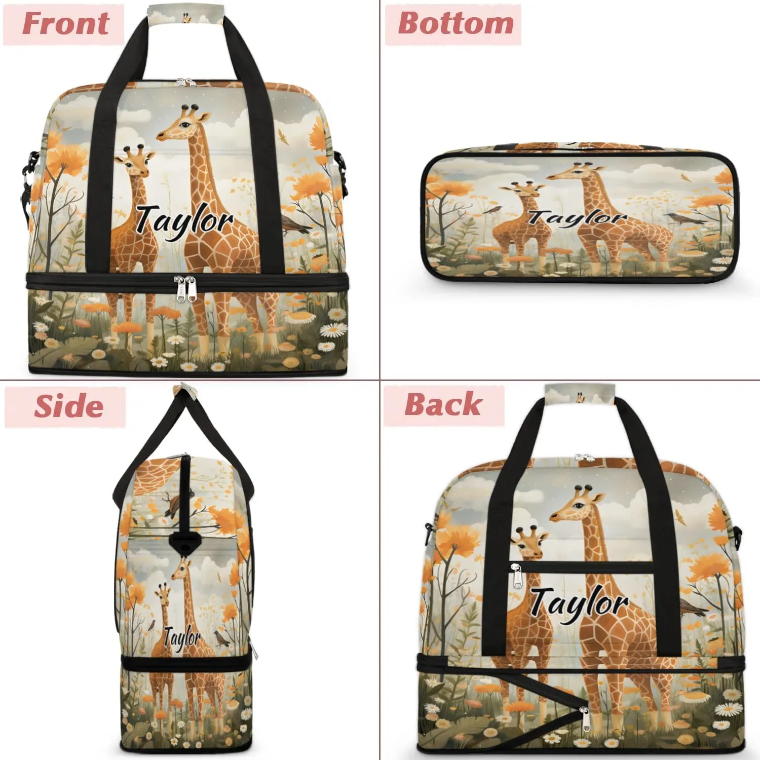 Customized Gym Bag for Women, Personalized Cute Animal Travel Duffel Bag with Name, Wild Giraffe Weekender Overnight Bag with Shoes Compartment for Men Travel Yoga