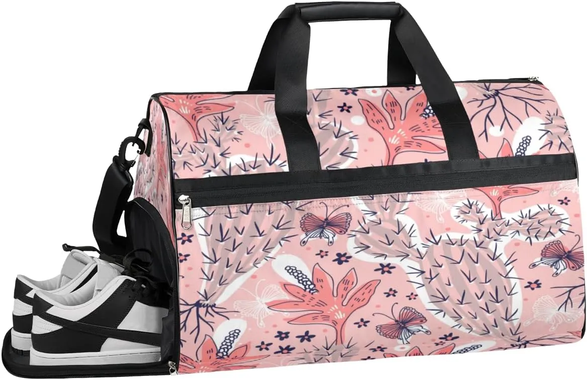 Cute Cactus Sports Gym Bag with Wet Pocket & Shoes Compartment Waterproof Workout Duffel Bag for Women and Men Weekender Overnight Duffle Bag Travel Carry-on Tote