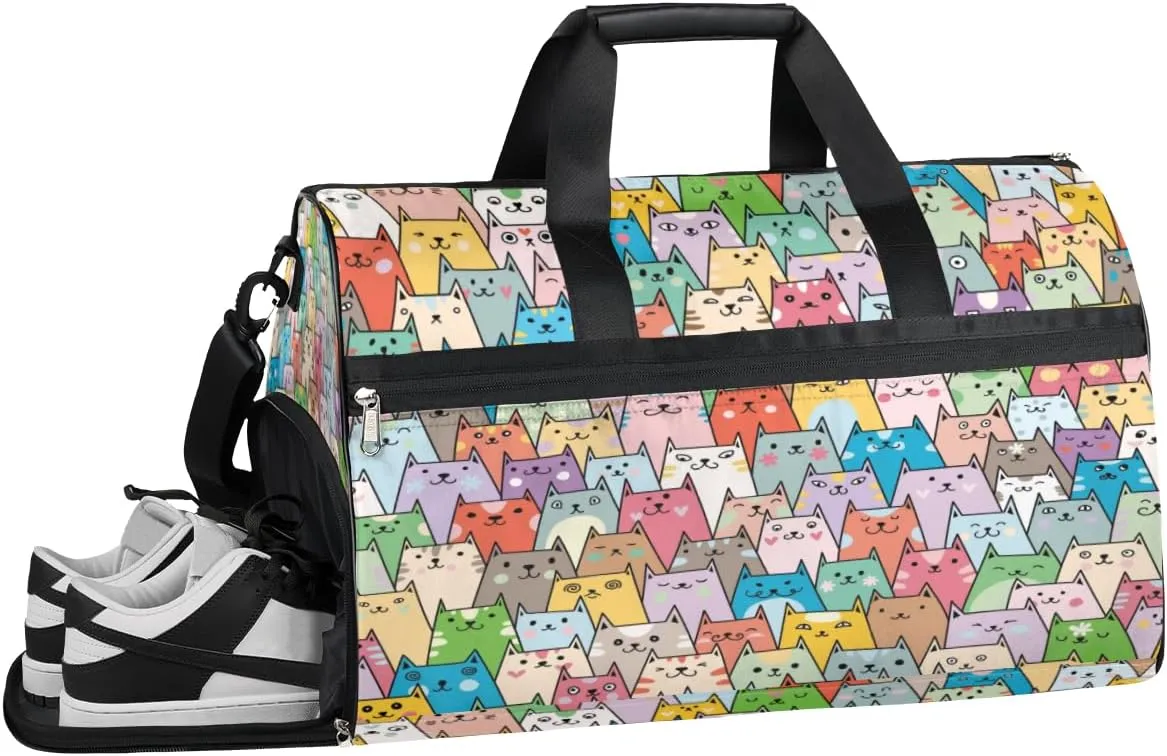 Cute Colorful Cats Sports Gym Bag with Wet Pocket & Shoes Compartment Waterproof Workout Duffel Bag for Women and Men Weekender Overnight Duffle Bag Travel Carry-on Tote