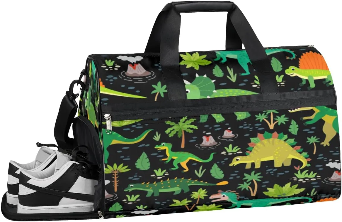 Cute Dinosaur Design Sports Gym Bag with Wet Pocket & Shoes Compartment Waterproof Workout Duffel Bag for Women and Men Weekender Overnight Duffle Bag Travel Carry-on Tote