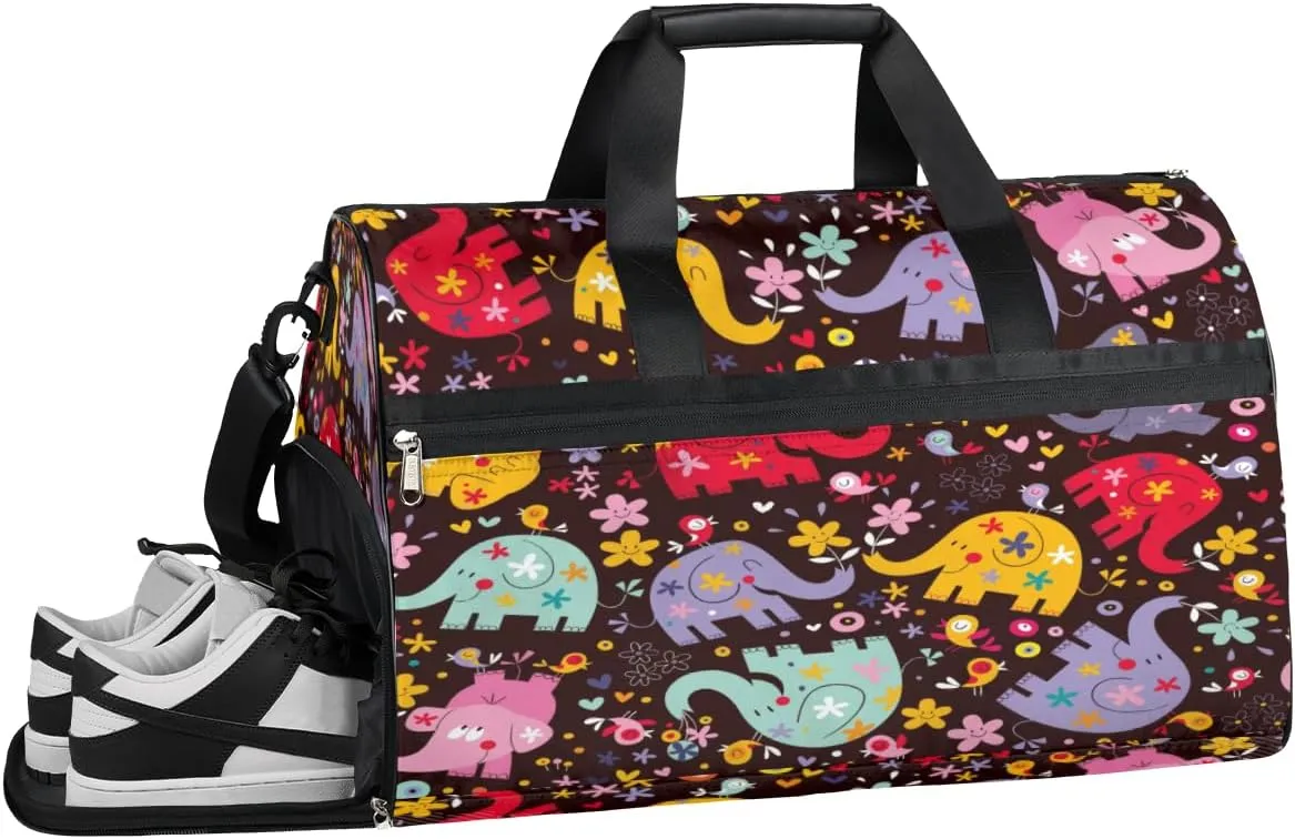 Cute Elephant Style Sports Gym Bag with Wet Pocket & Shoes Compartment Waterproof Workout Duffel Bag for Women and Men Weekender Overnight Duffle Bag Travel Carry-on Tote