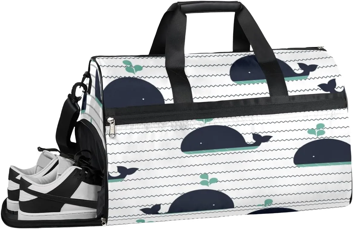 Cute Whale Sports Gym Bag with Wet Pocket & Shoes Compartment Waterproof Workout Duffel Bag for Women and Men Weekender Overnight Duffle Bag Travel Carry-on Tote