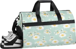Daisy Pale Green Sports Gym Bag for Women and Men Travel Duffel Bag Floral Overnight Shoulder Bag Waterproof Workout Bag Portable Sports Tote with Shoes Compartment