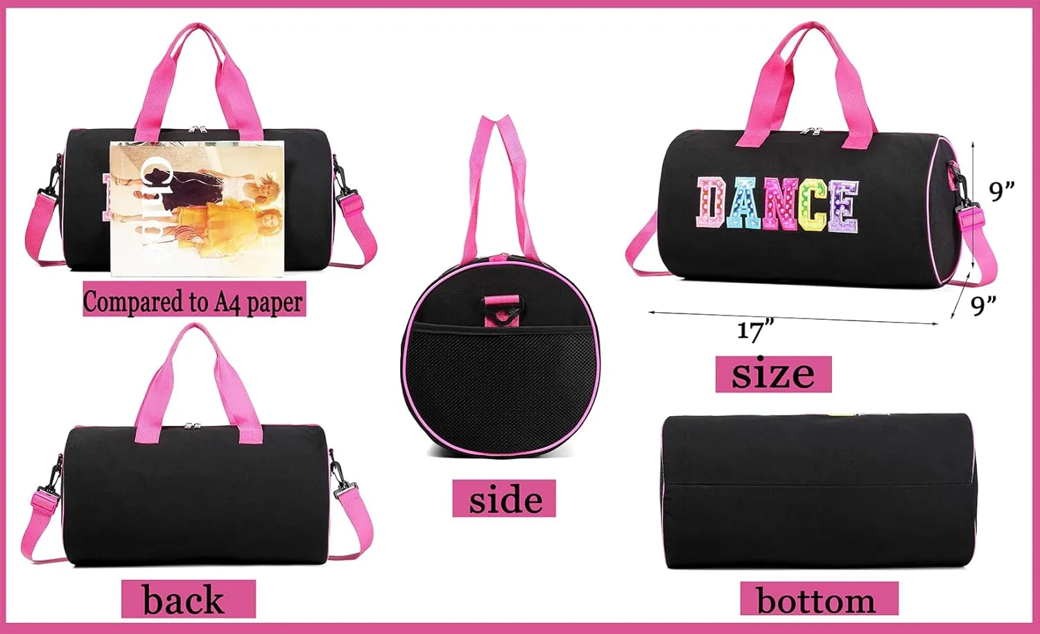 Dance Duffle Bag for Girls, Kids Toy Storage Bag,Weekend Bag,Overnight Bag,Gymnastics bag 17"Lx9"Wx9"H, Colorful, Cute