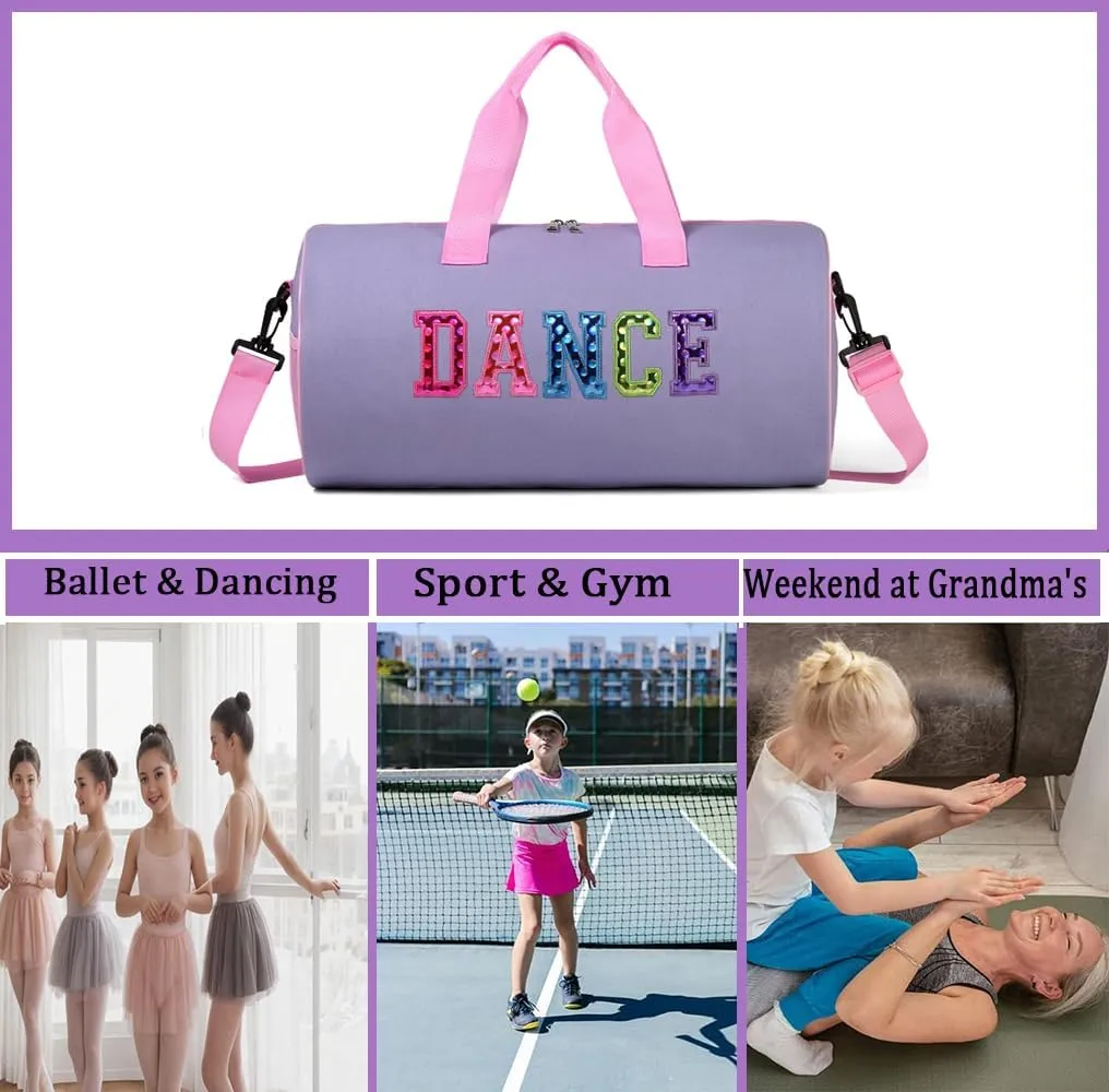 Dance Duffle Bag for Girls, Kids Toy Storage Bag,Weekend Bag,Overnight Bag,Gymnastics bag 17"Lx9"Wx9"H, Light purple set-clear letter bag, Cute
