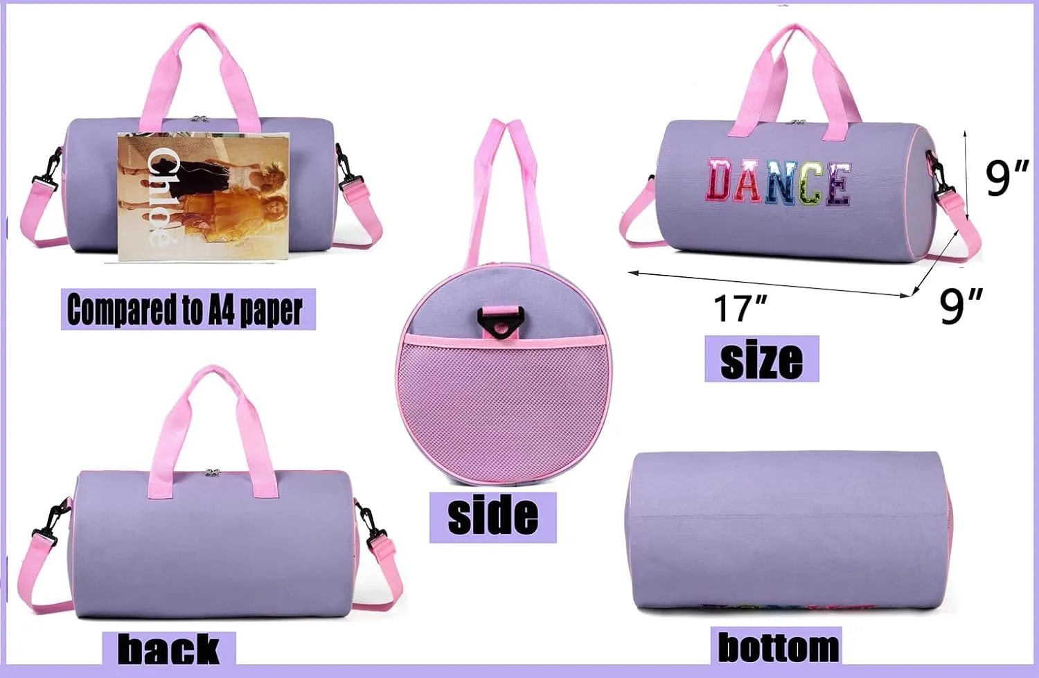 Dance Duffle Bag for Girls, Kids Toy Storage Bag,Weekend Bag,Overnight Bag,Gymnastics bag 17"Lx9"Wx9"H, Light purple set-clear letter bag, Cute