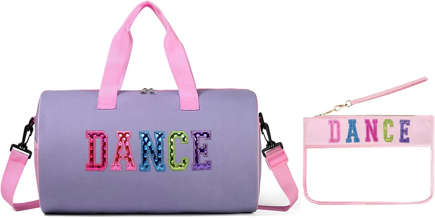 Dance Duffle Bag for Girls, Kids Toy Storage Bag,Weekend Bag,Overnight Bag,Gymnastics bag 17"Lx9"Wx9"H, Light purple set-clear letter bag, Cute