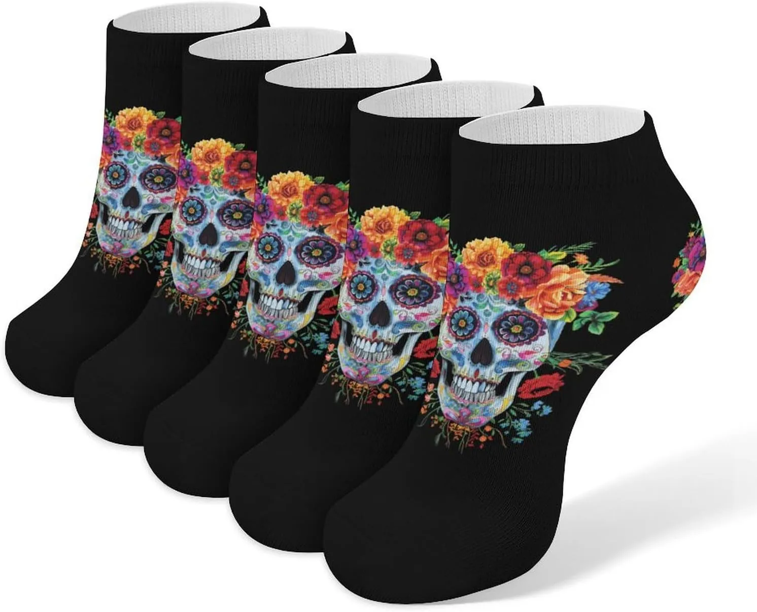 Day of The Dead Sugar Skull 5 Pairs Low Cut Ankle Socks for Men Women Athletic Running Socks No Show Breathable