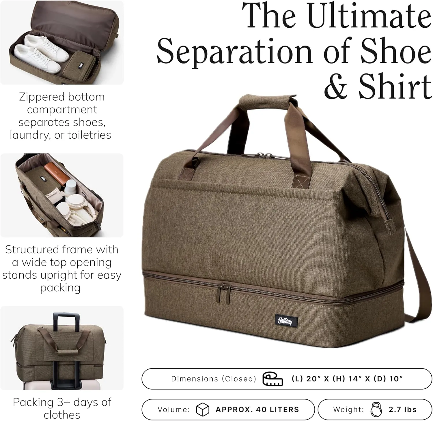 Double Decker Weekender Bag 40L Carry-On Duffel with Shoe Compartment, Water-Resistant, Foldable Travel Bag with Trolley Sleeve & Shoulder Strap  Dune