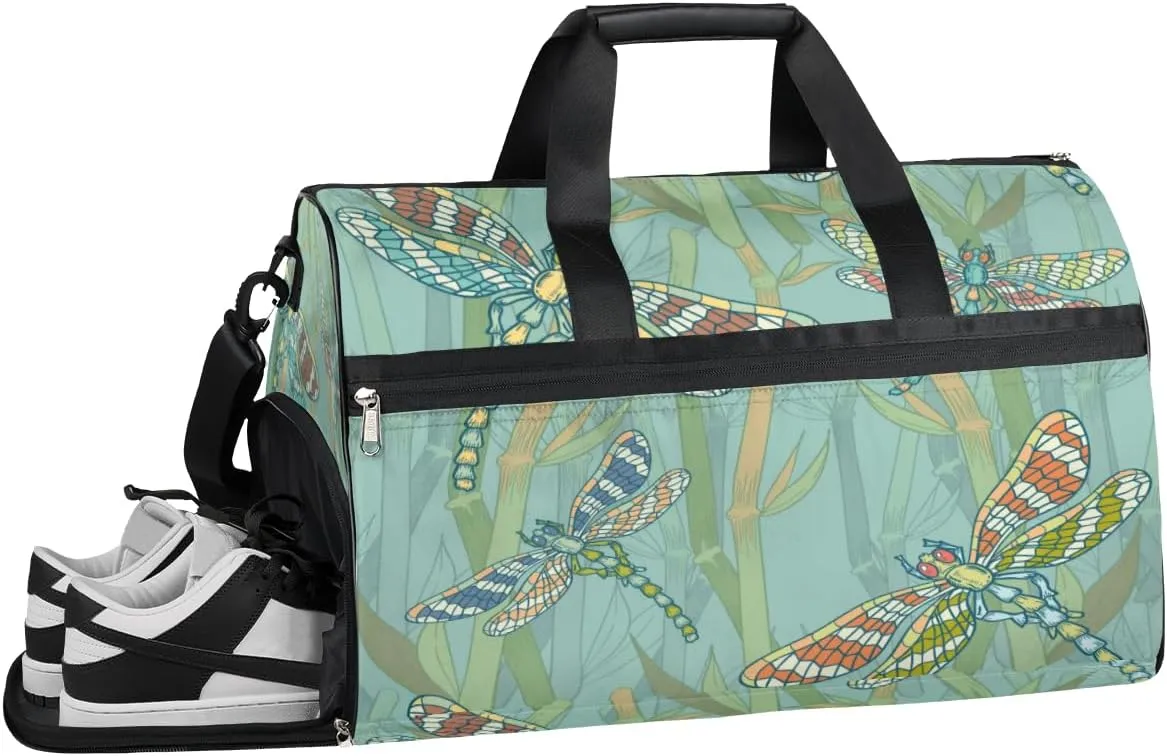 Dragonfly Design Sports Gym Bag with Wet Pocket & Shoes Compartment Waterproof Workout Duffel Bag for Women and Men Weekender Overnight Duffle Bag Travel Carry-on Tote